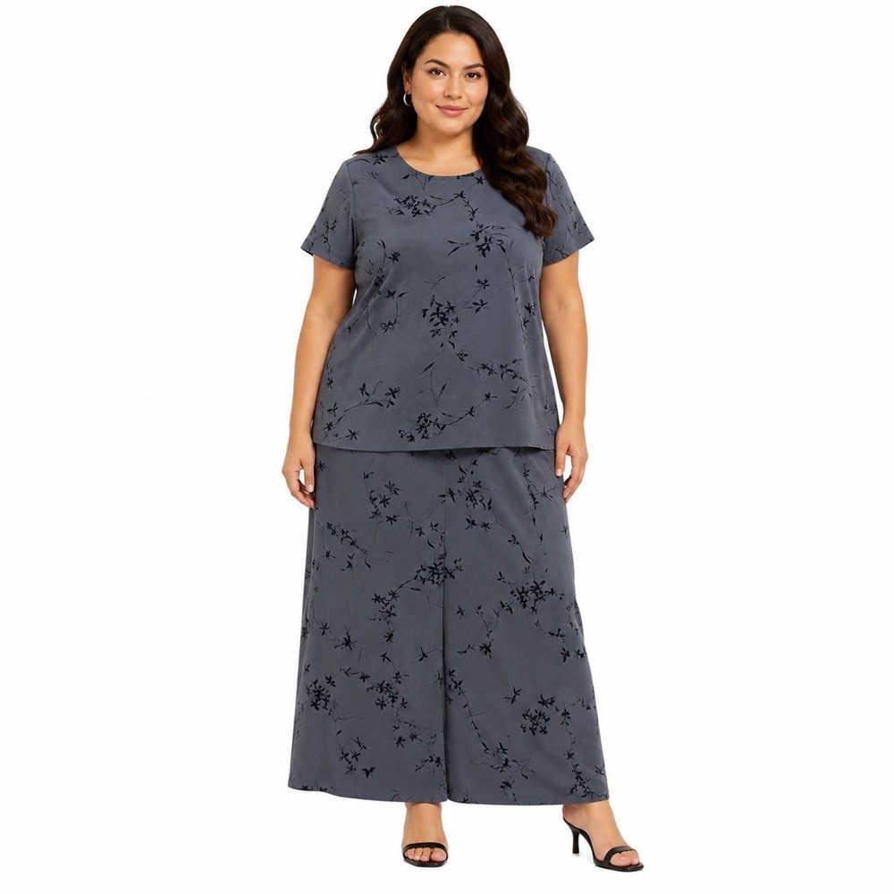 Kasper ASL 2pc Skirt Set 20W 24W Gray Blue Floral Midi Plus Size Career